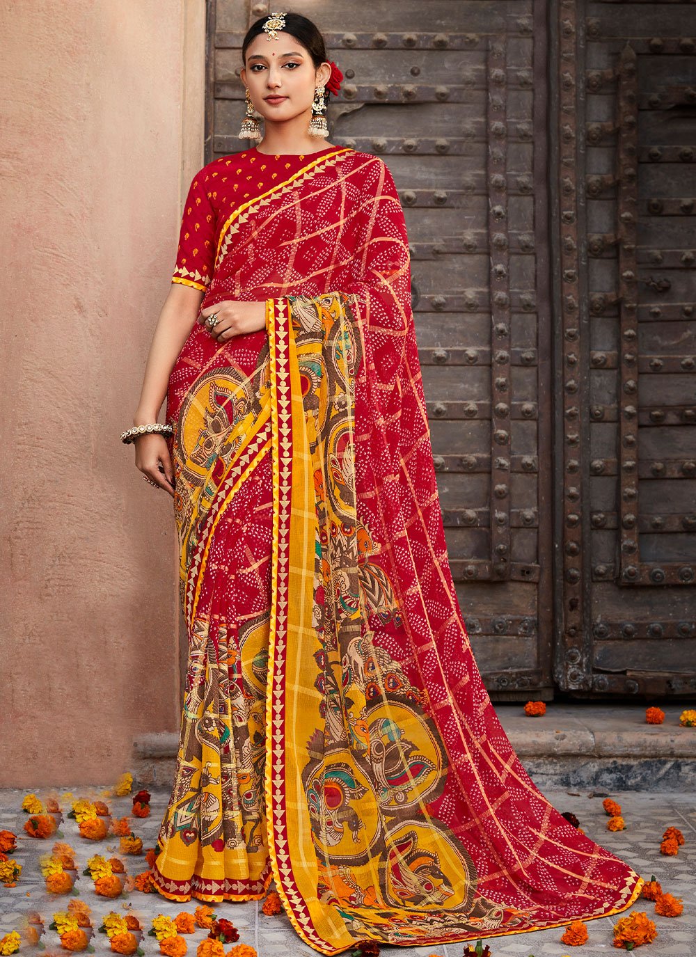 Vishal Prints Fawn Printed Fancy Chiffon Saree With Core Piping