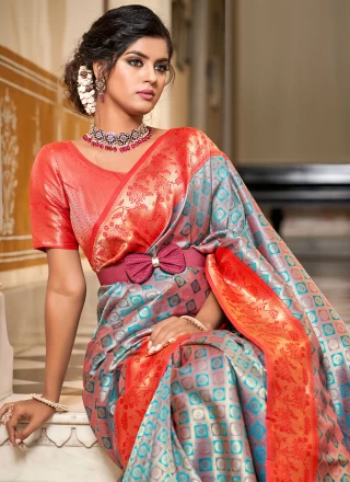 Saree Jacquard Work Banarasi Silk in Grey and Orange