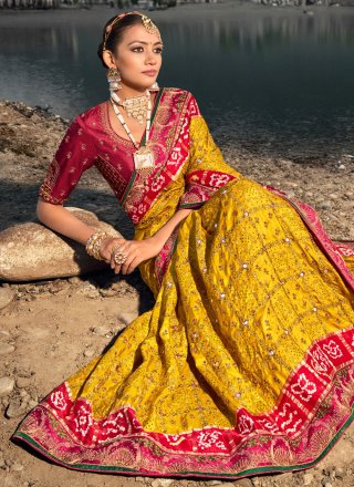Satin Classic Saree In Mustard and Red