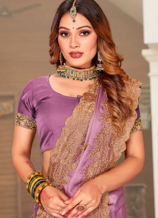 Satin Embroidered Lavender Designer Saree