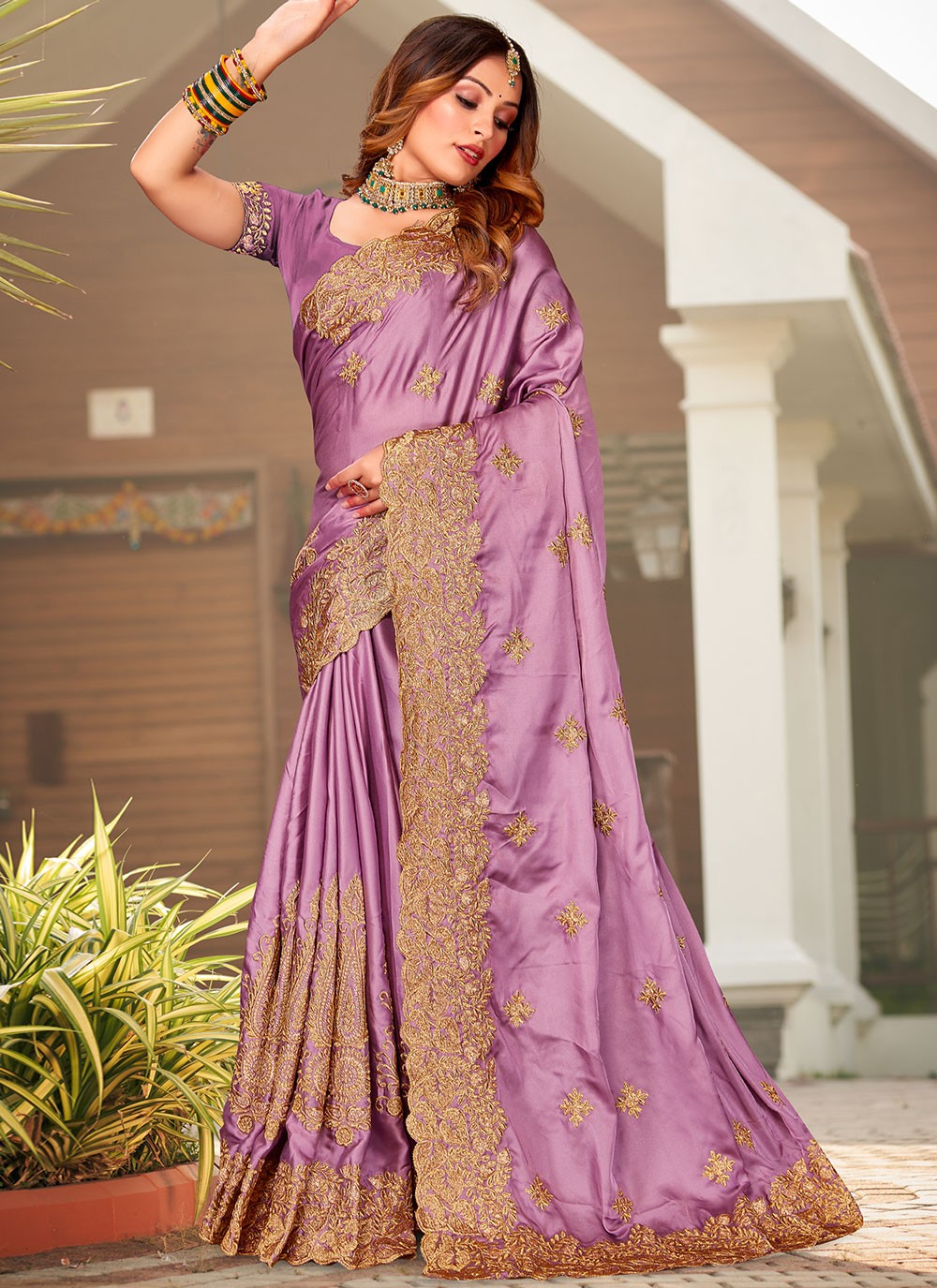 Buy Lavender Stonework Net Saree - Koskii