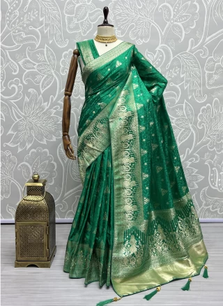 Satin Green Thread Trendy Saree