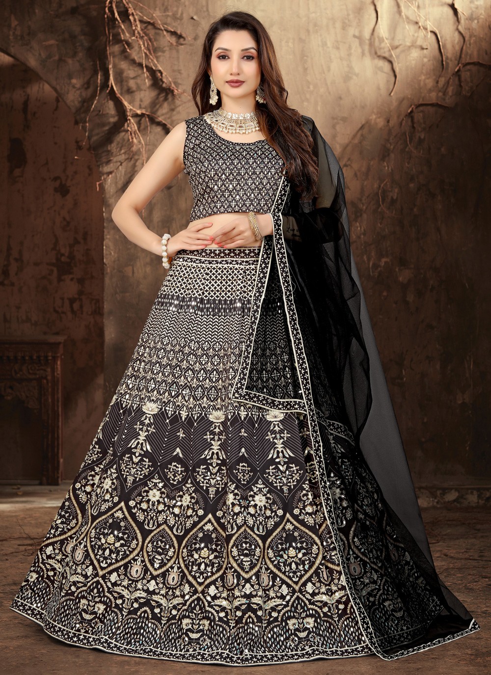 Shop Black Satin Silk Embroidery Lehenga Choli Wedding Wear Online at Best  Price | Cbazaar