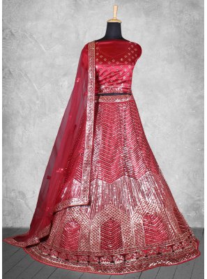 Satin Silk Red Embroidered Lehenga Choli