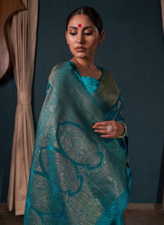 Satin Silk Teal Zari Designer Saree