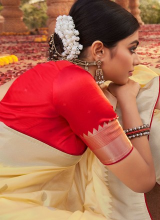 Satin Silk Weaving Trendy Saree in Cream