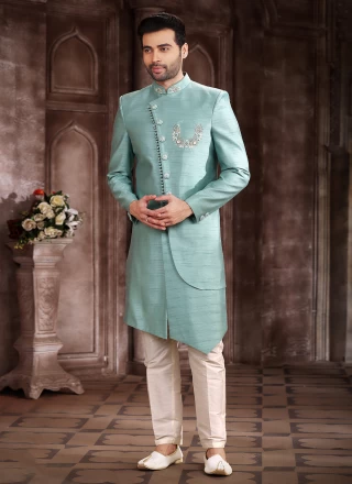 Sea Green Art Silk Embroidered Indo Western Sherwani
