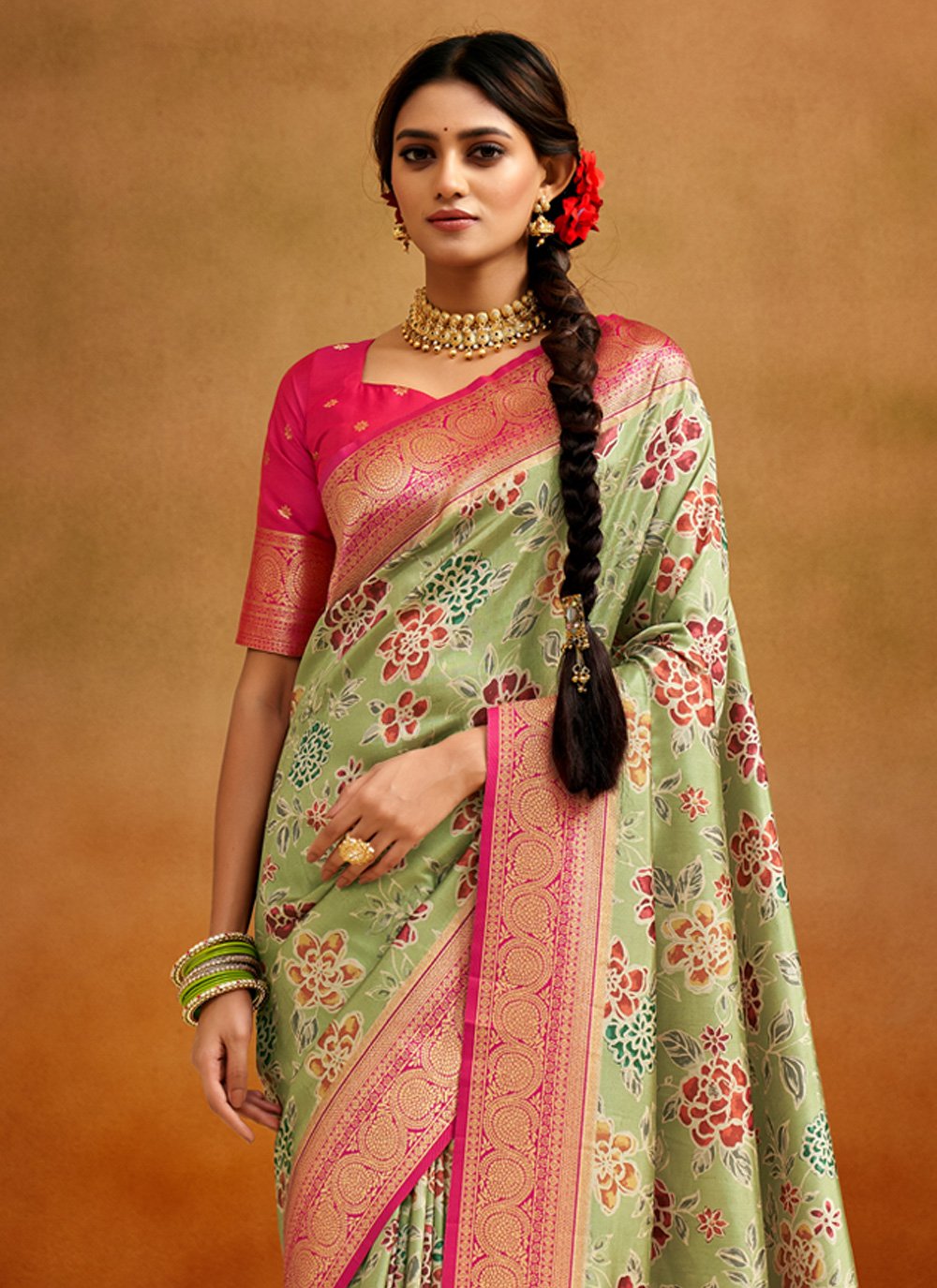 Mitera Pink Gold-Coloured Woven Design Kanjeevaram Saree - Absolutely Desi