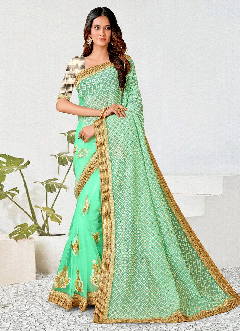 Buy Sangam Prints Sea Green Linen Siroski Stone Work Traditional Tassels  Saree with Unstitched Blouse online
