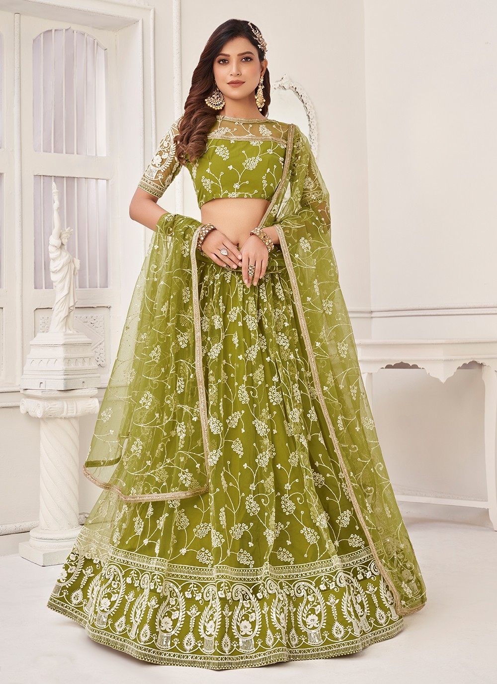 Sea Green Embroidered Sequins Work Net Lehenga Choli (Semi-Stitched) | Net  lehenga, Lehenga choli, Green lehenga