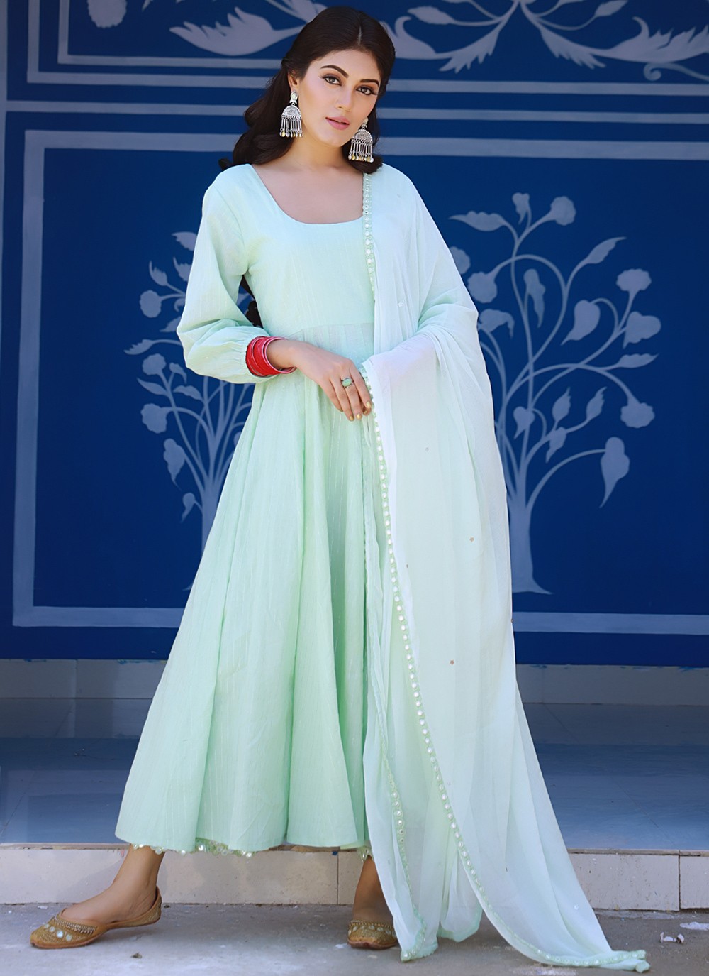 Sea Green Cotton Readymade Anarkali Salwar Suit