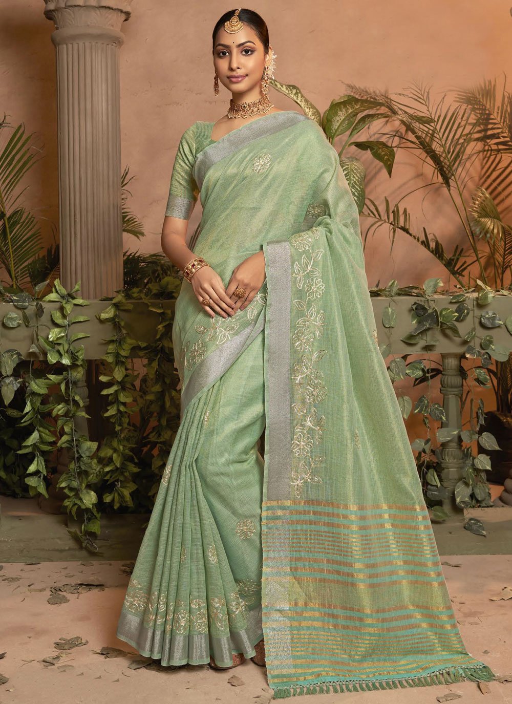 Sea Green Cotton Silk Classic Sari