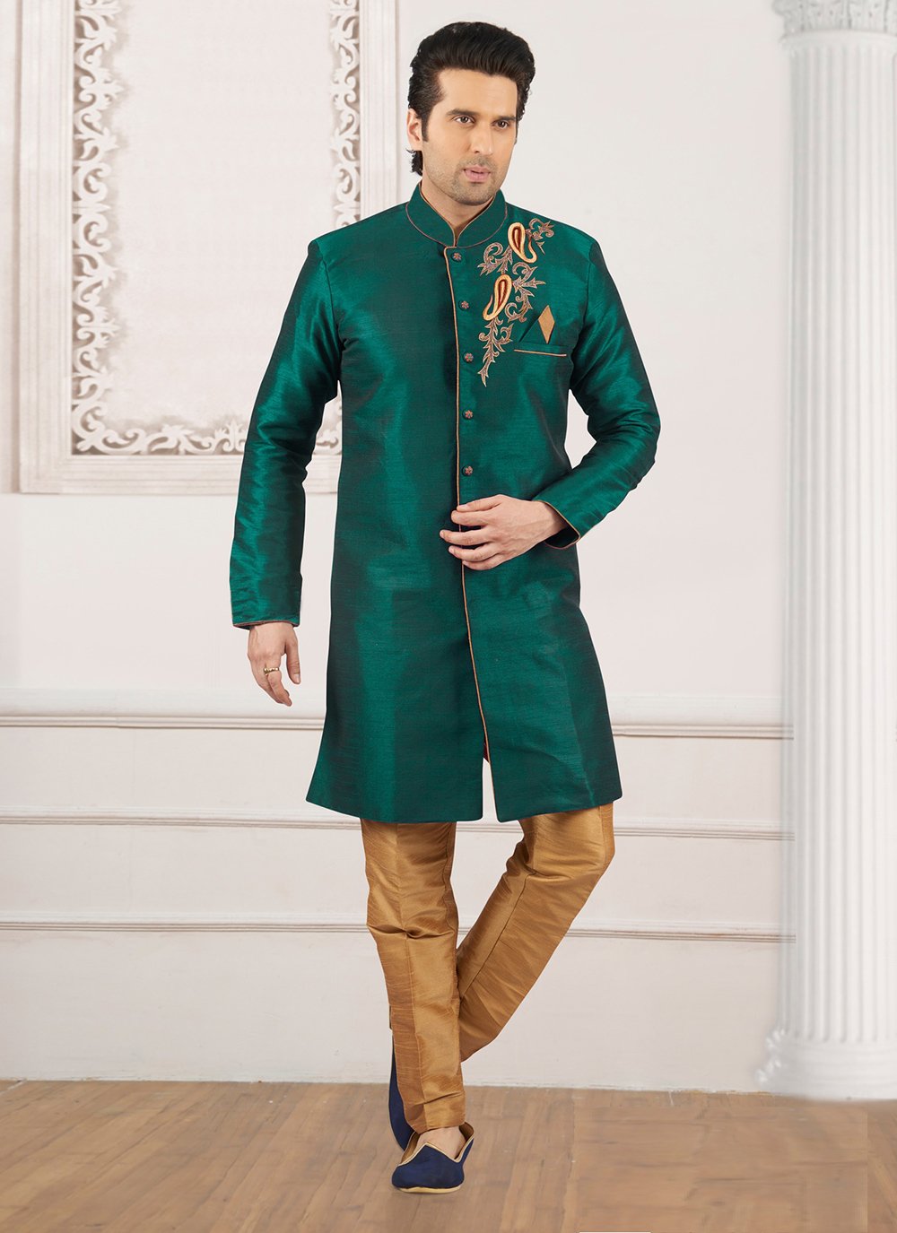 Sea Green Dupion Silk Indo Western with Embroidered Work for Engagement