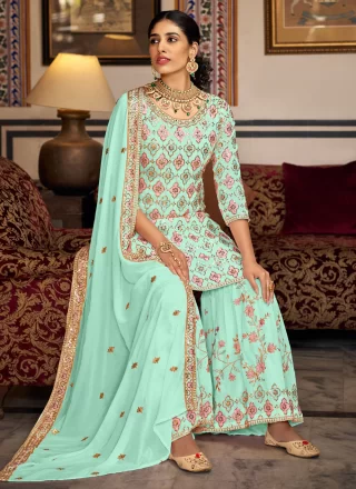Sea Green Embroidered and Sequins Work Faux Georgette Palazzo Salwar Suit