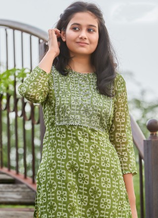 Sea Green Embroidered Cotton Designer Kurti