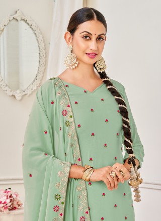 Sea Green Embroidered Faux Georgette Trendy Salwar Suit