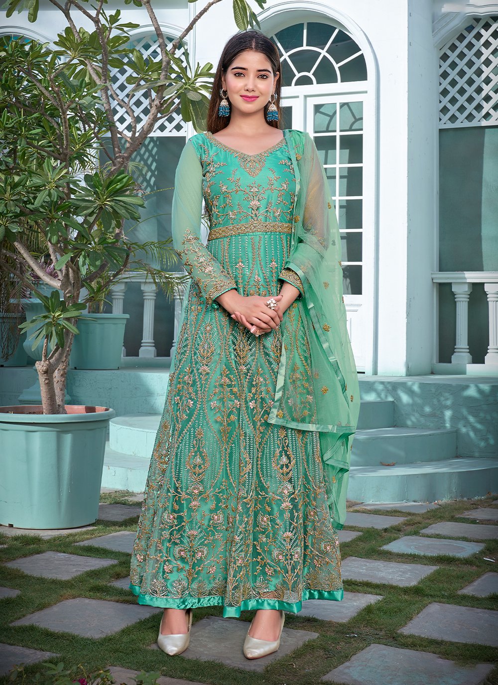 sea green contrast dresses Buy Embroidered Floor Length Salwar Kameez : 261650 smocked waist dress