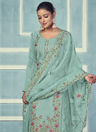 Sea Green Embroidered Organza Straight Salwar Kameez