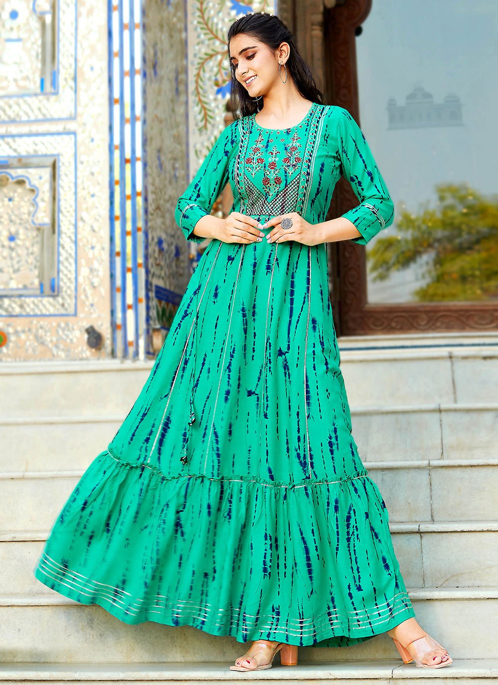 Sea Green Embroidered Rayon Trendy Gown