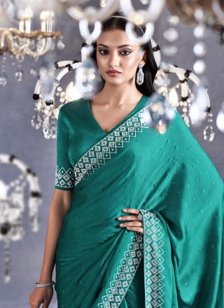 Embroidered Work Satin Classic Sari In Sea Green for Party