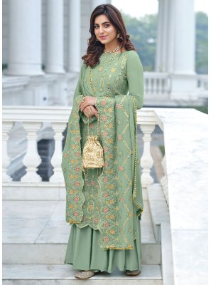 Sea Green Faux Georgette Embroidered Trendy Salwar Suit