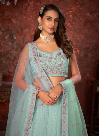 Sea Green Faux Georgette Lehenga Choli with Embroidered and Sequins Work for Engagement