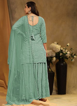 Sea Green Faux Georgette Salwar Suit with Embroidered and Sequins Work