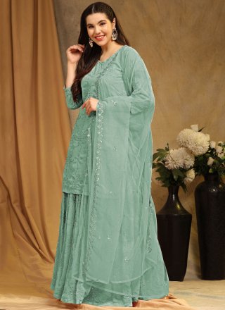 Sea Green Faux Georgette Salwar Suit with Embroidered and Sequins Work