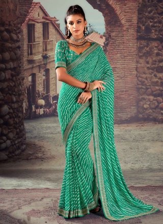 Sea Green Georgette Classic Saree with Patch Border and Embroidered Work