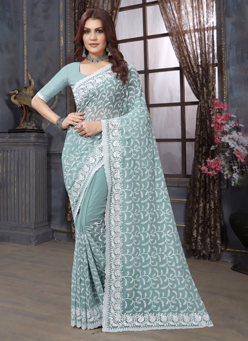 Sea Green Georgette Embroidered, Resham and Sequins Work Classic Saree