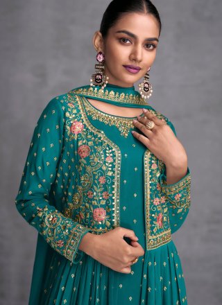 Sea Green Georgette Salwar Suit with Embroidered, Resham and Zari Work for Women
