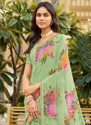 Sea Green Georgette Trendy Saree with Digital Print Work for Women