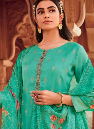 Sea Green Jacquard Pant Style Suit with Embroidered and Jacquard Work Work
