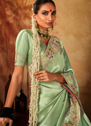 Sea Green Kanjivaram Silk Contemporary Sari with Embroidered, Sequins and Weaving Work
