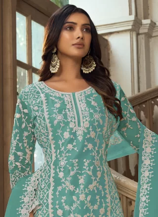 Sea Green Net Embroidered and Resham Work Palazzo Salwar Suit for Women