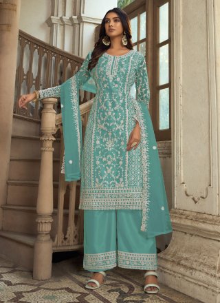 Sea Green Net Embroidered and Resham Work Palazzo Salwar Suit for Women
