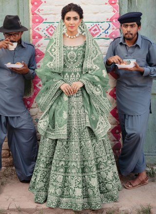Sea Green Net Embroidered Work Indian Gown