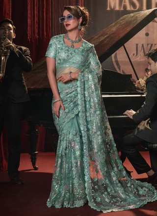 Sea Green Net Reception Trendy Saree