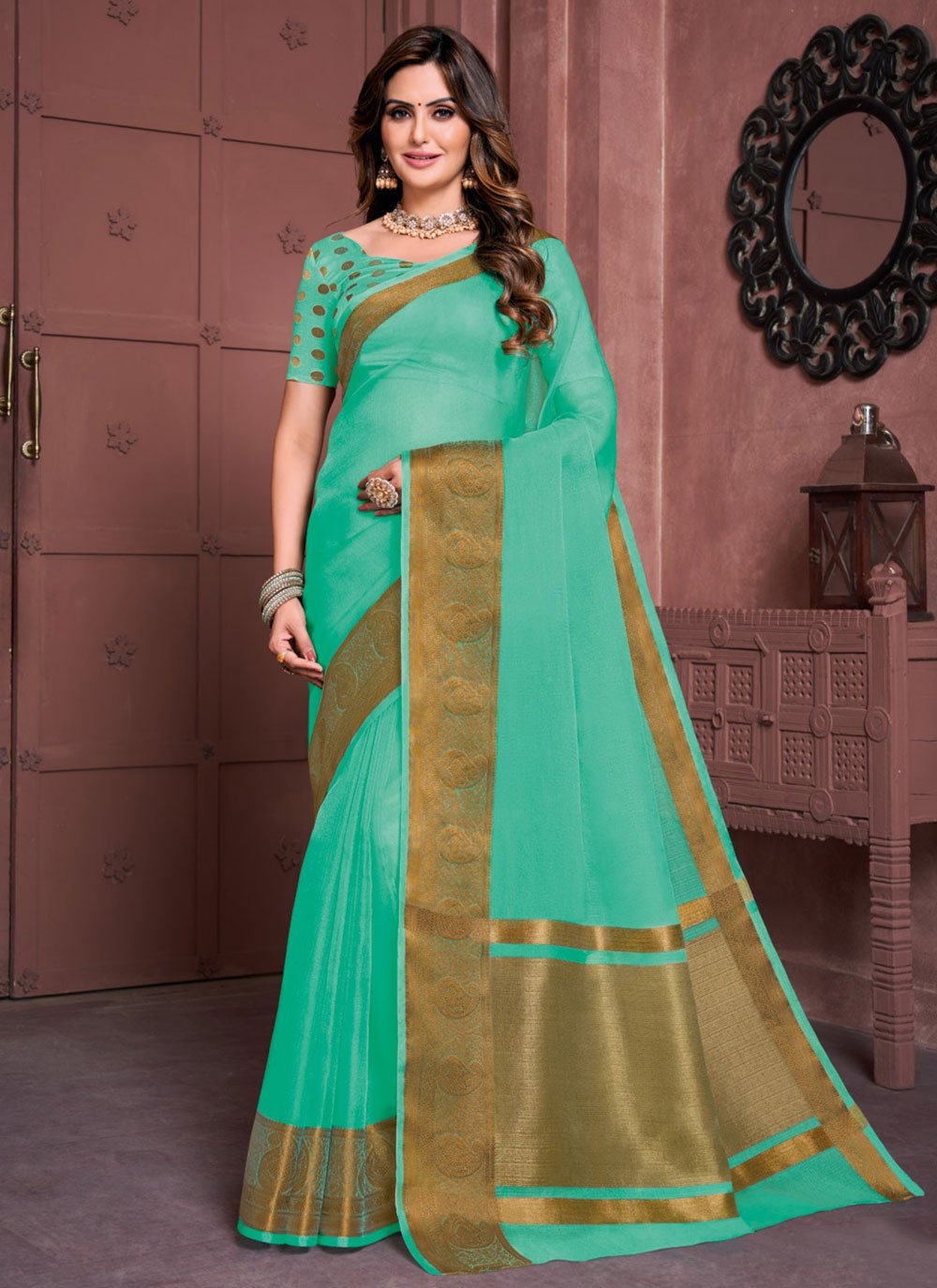 Shop Online Sea Green Embroidered Poly Silk Traditional Saree : 172171 -