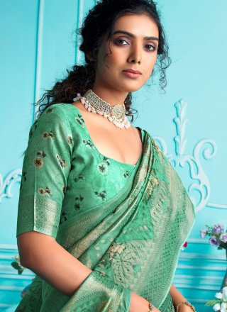 Sea Green Digital Print Work Organza Contemporary Sari