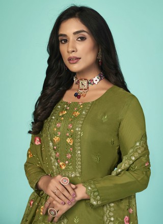 Sea Green Organza Party Straight Salwar Kameez