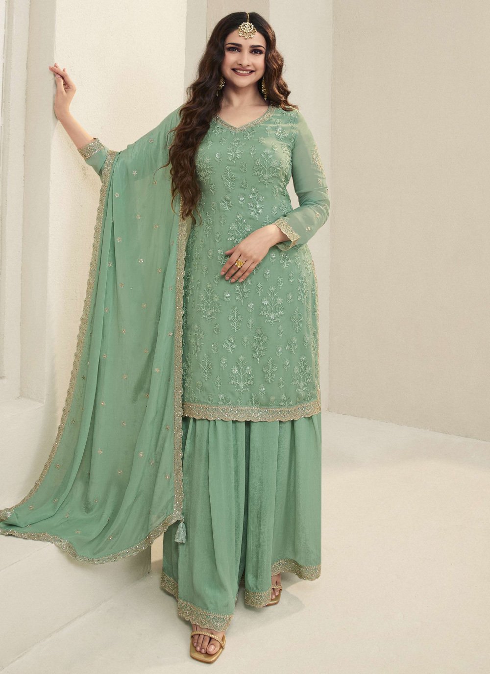 Sea Green Organza Salwar Suit with Embroidered Work
