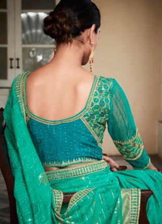 Sea Green Patch Border and Embroidered Work Silk Contemporary Sari