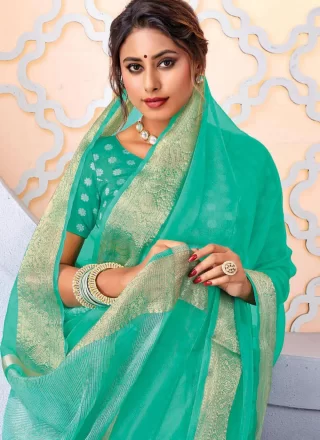 Sea Green Patch Border and Woven Work Organza Trendy Saree