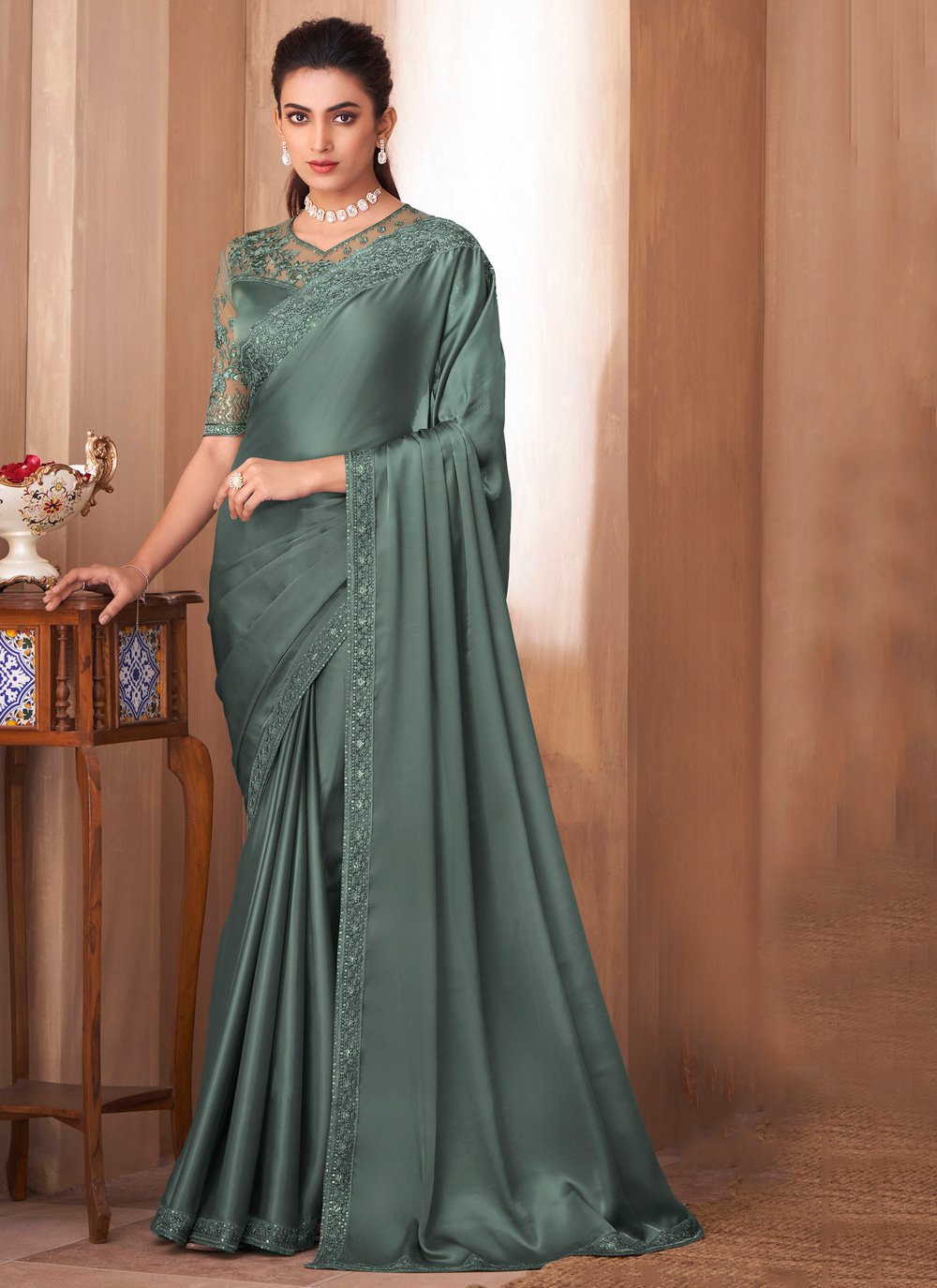 Designer Pallu Embroidery Green silk Saree with Mustard Blouse sari -  FASHION BAZAR 365