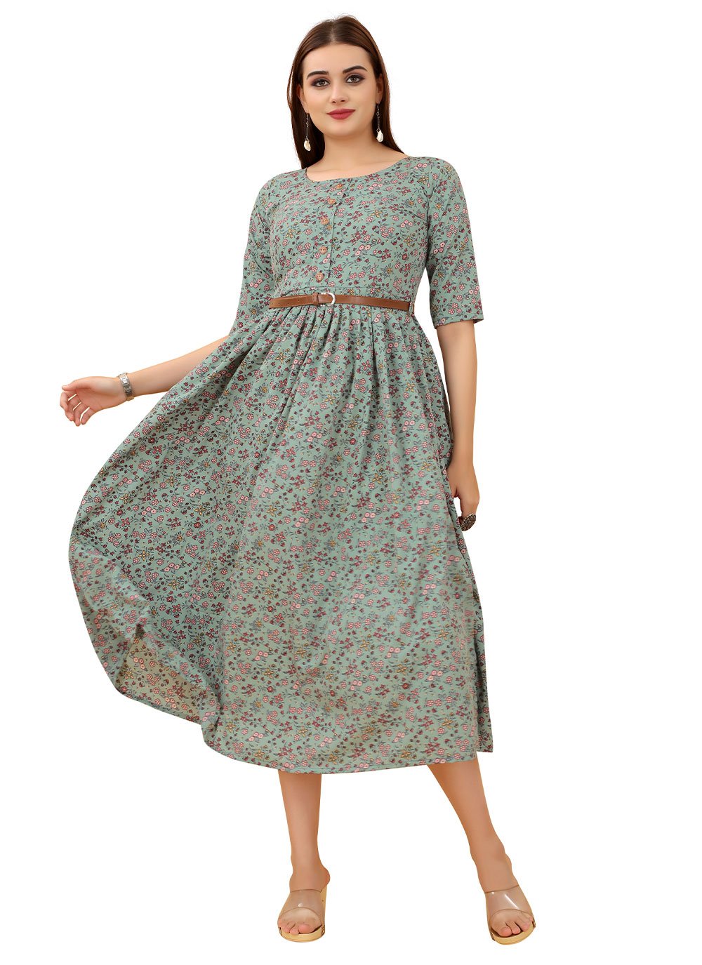 Sea Green Printed Faux Crepe Gown 