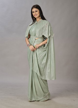Sea Green Shimmer Georgette Contemporary Saree with Embroidered and Sequins Work for Ceremonial