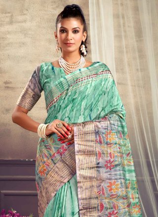 Sea Green Silk Classic Sari with Print Work for Casual