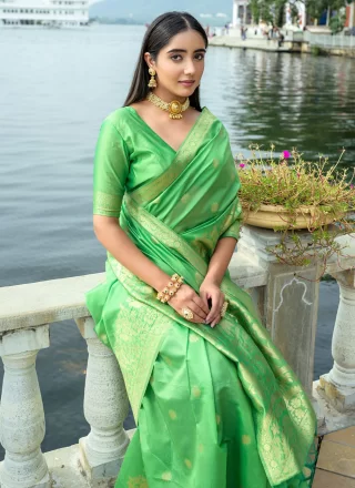 Sea Green Silk Trendy Saree with Woven Work for Ceremonial