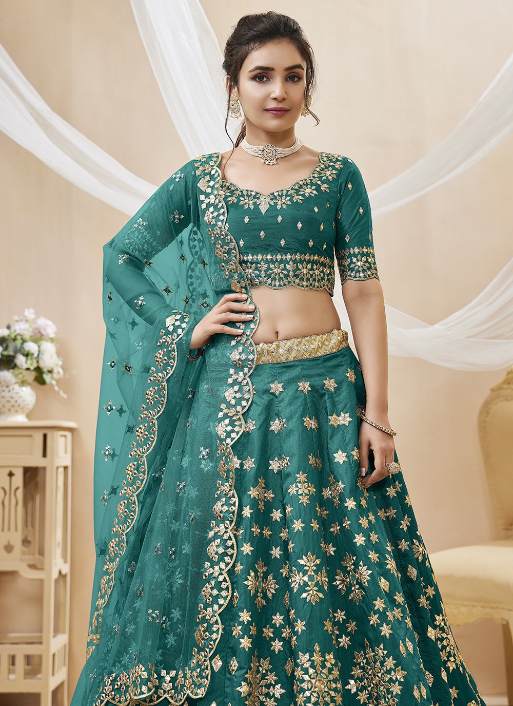 Imperial Sea Green And Red Patch Border Work A Line Lehenga Choli. Online  Shopping Embroidery Work A Line Lehenga Choli In Guyana.